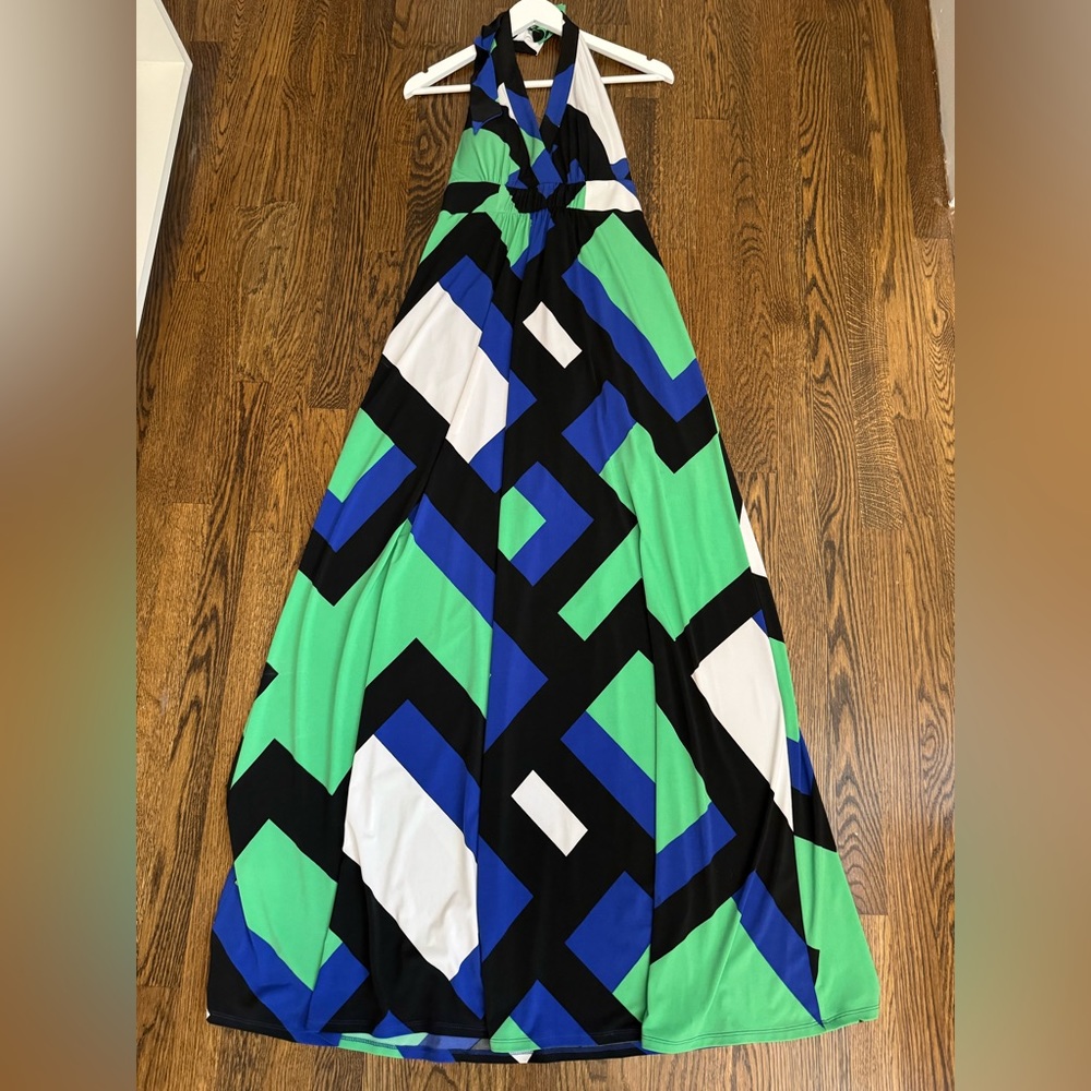 Jessica Simpson, blue/green maxi dress, backless with halter. Size S